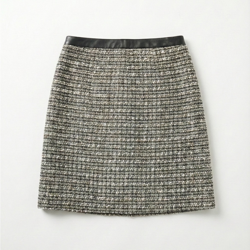 Halogen Tweed Pencil Skirt Faux Leather Waist 10P Black White Career Office